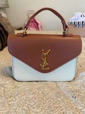 Tan Leather & Cream Canvas Satchel with Gold Hardware